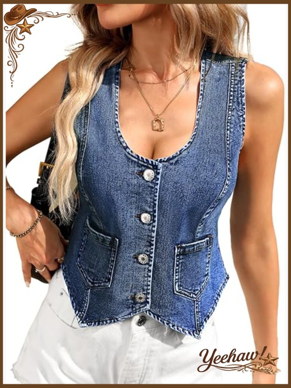 High Stretch Denim Vest, V-Neck Sleeveless Western Style with Pockets